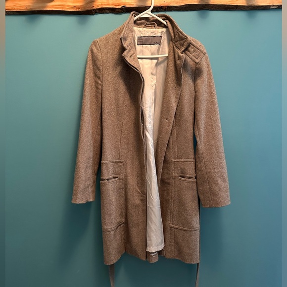 Zara mid-length tweed herringbone wool winter coat - long, oatmeal brown - Picture 2 of 16